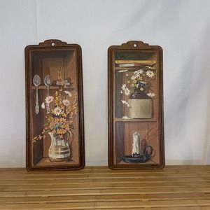 Pair Of‎ Wooden Wall Plaques Robert Laessig Coffee Pot And Flowers MCM Cottage